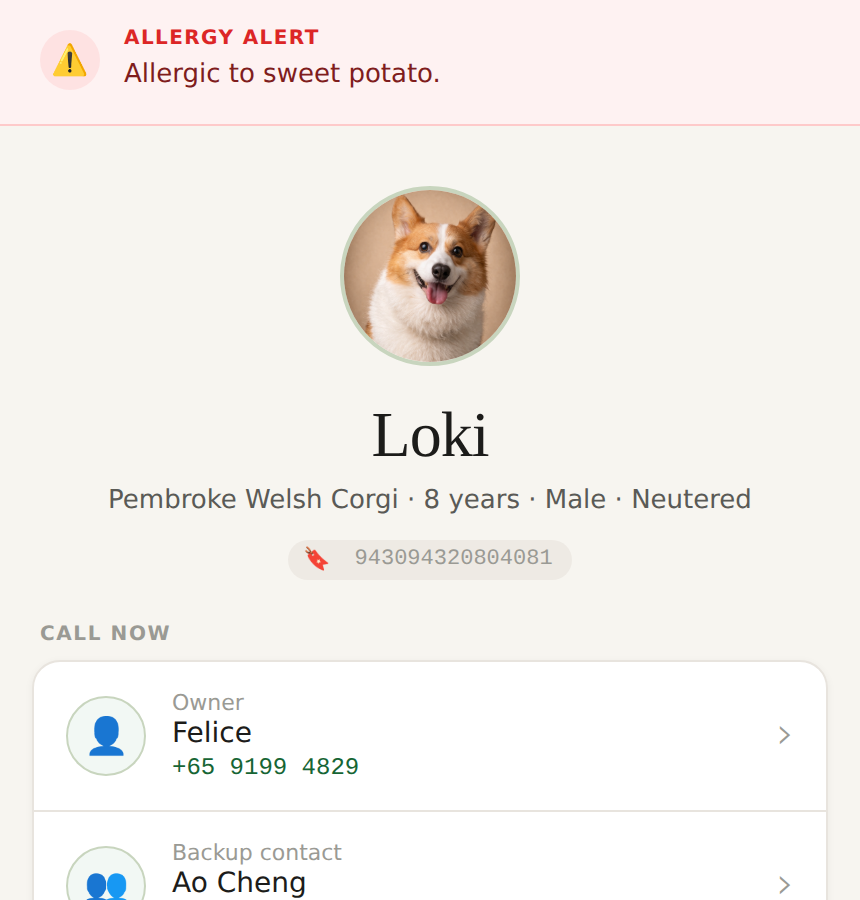 Pet profile page open on a phone