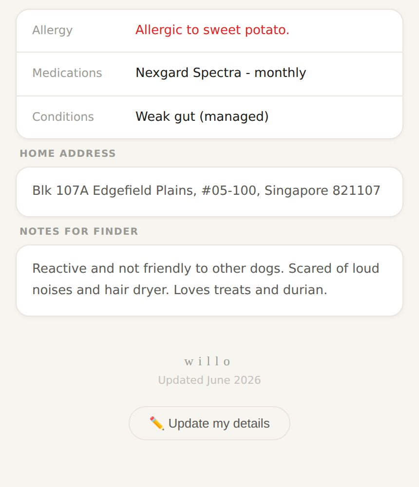 Update my details button at the bottom of the profile